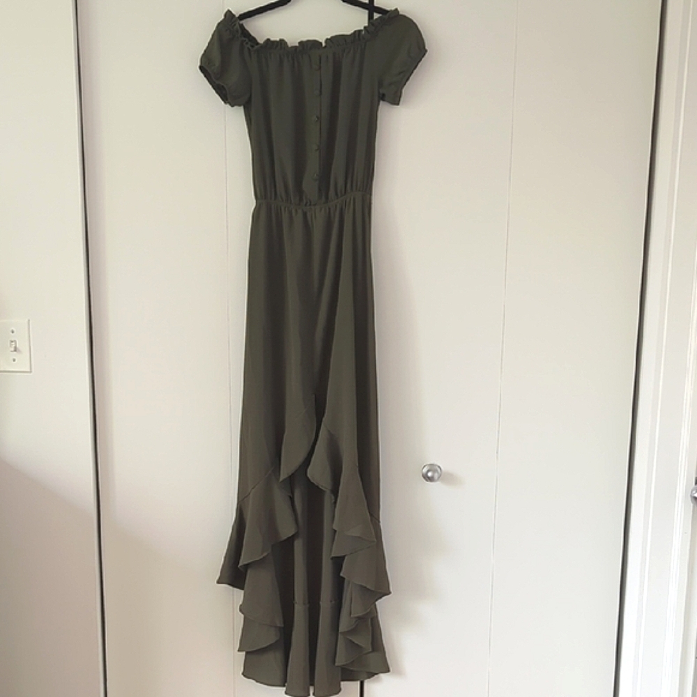 B Darlin Green High Low Off-Shoulder Sundress